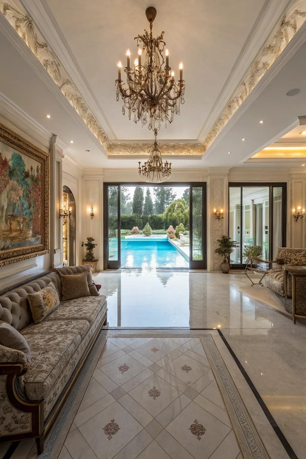 A luxurious pool house with refined furnishings for an upscale feel.