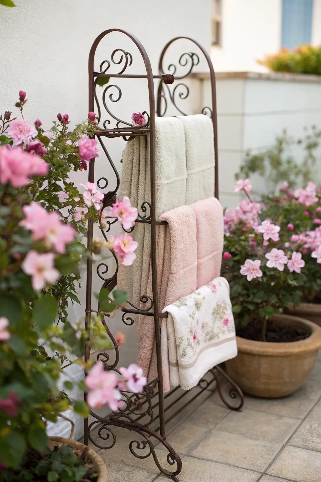 Decorative iron scroll racks offer elegance and charm.
