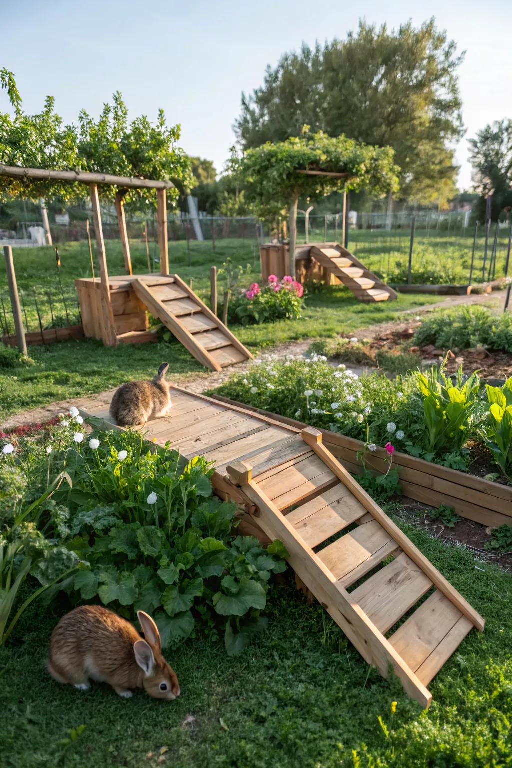 A playful setup with ramps and platforms for active rabbits.