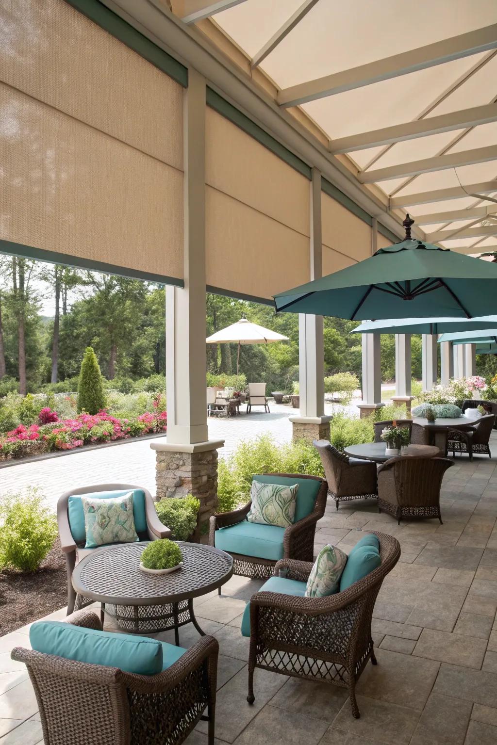 A coordinated outdoor space with matching roller shades.
