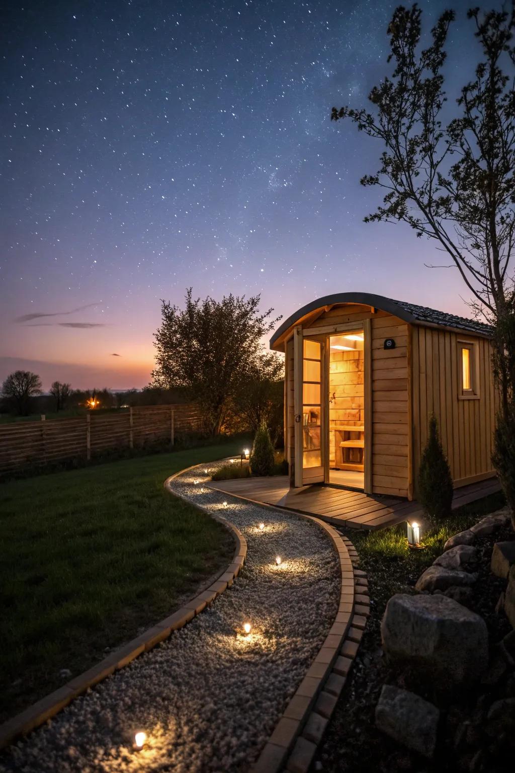 Ambient lighting creates an enchanting atmosphere around the sauna.