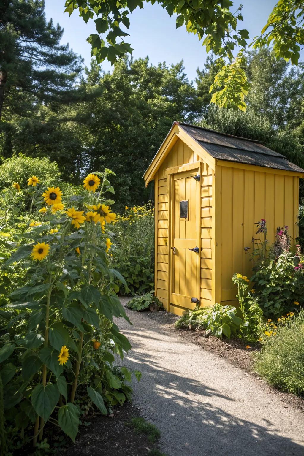 A yellow shed radiates warmth and happiness in the garden.