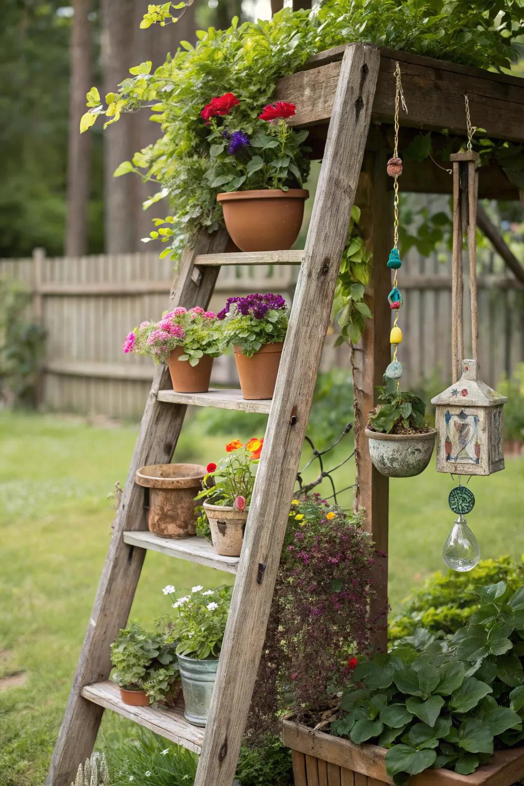 A repurposed ladder creates a charming display for cascading plants.