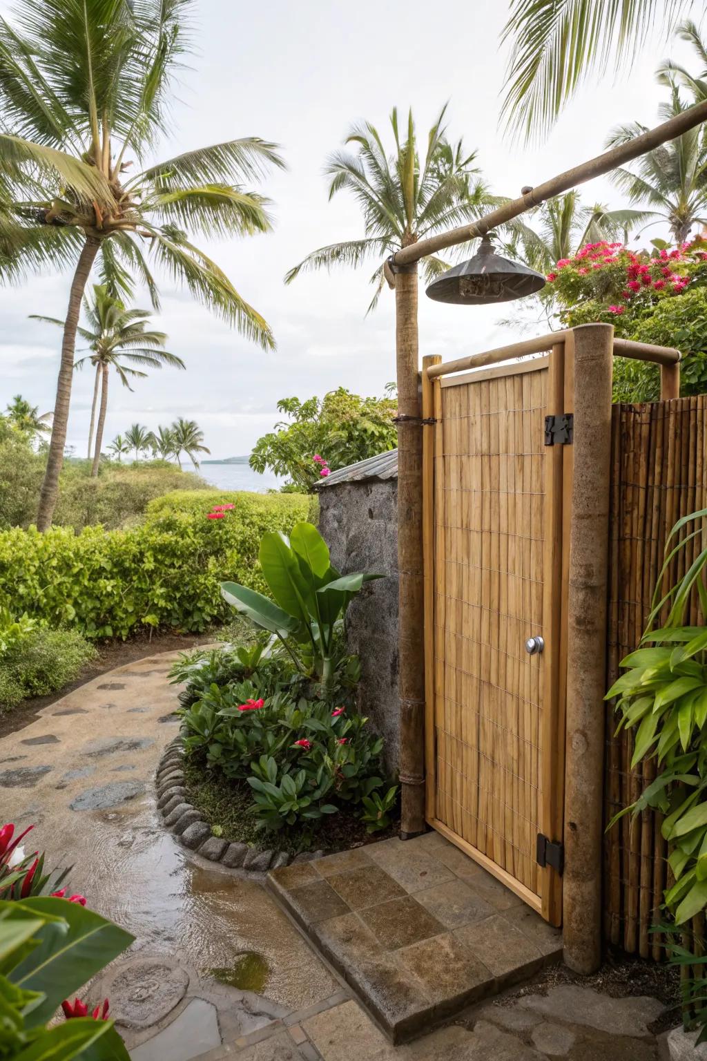 A tropical outdoor shower featuring a natural bamboo door, creating an exotic retreat.