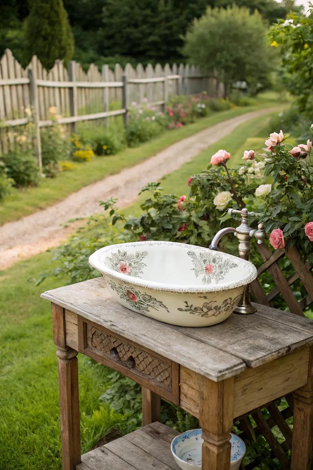 A charming outdoor setup with a vintage porcelain sink.