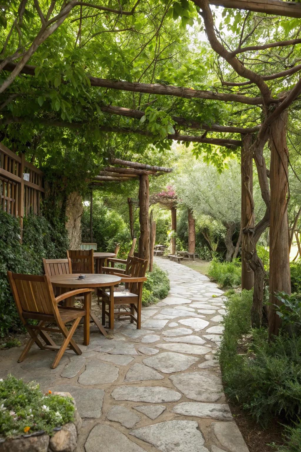 A harmonious blend of natural materials in an outdoor setting.