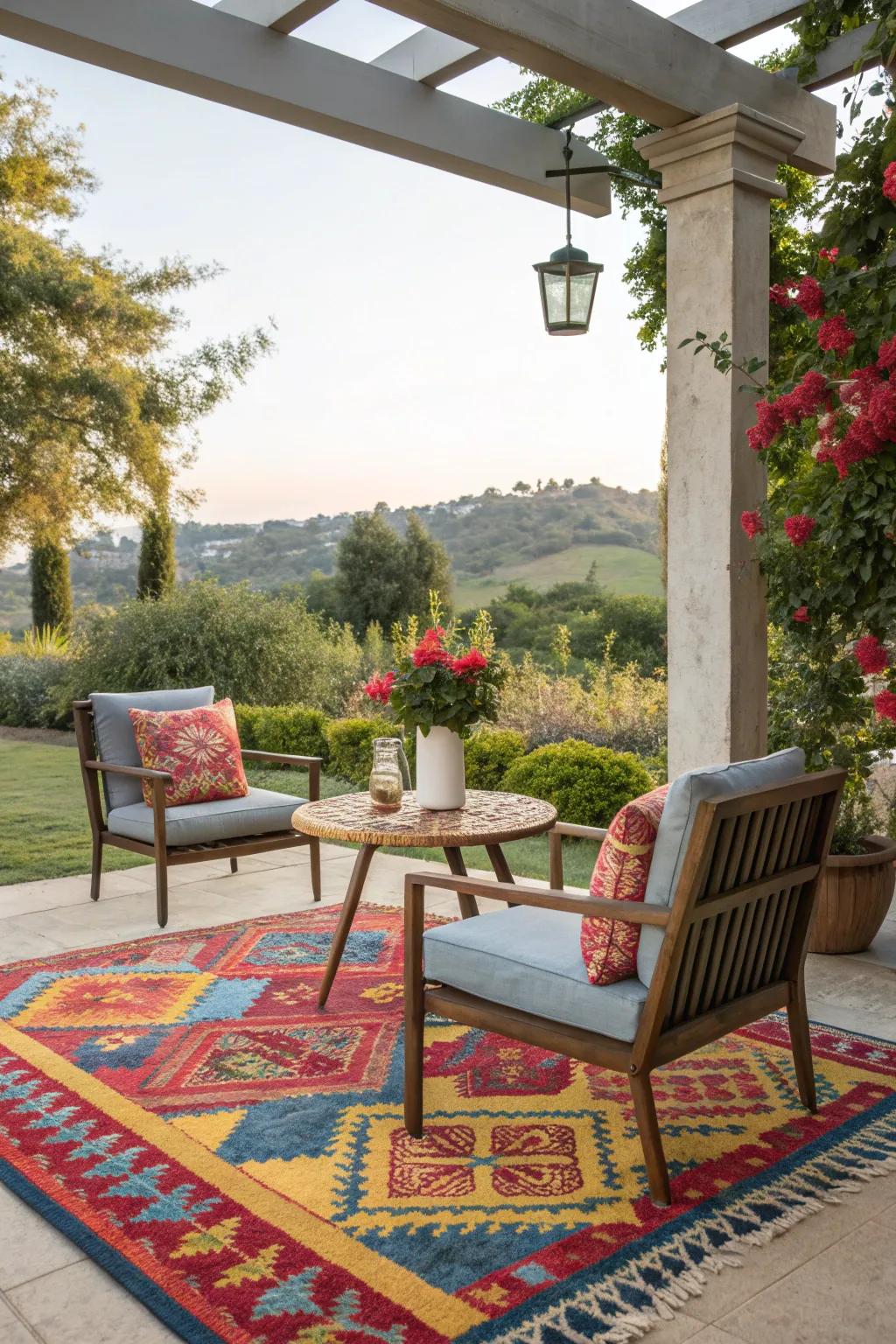 An outdoor seating area defined by a vibrant outdoor rug.