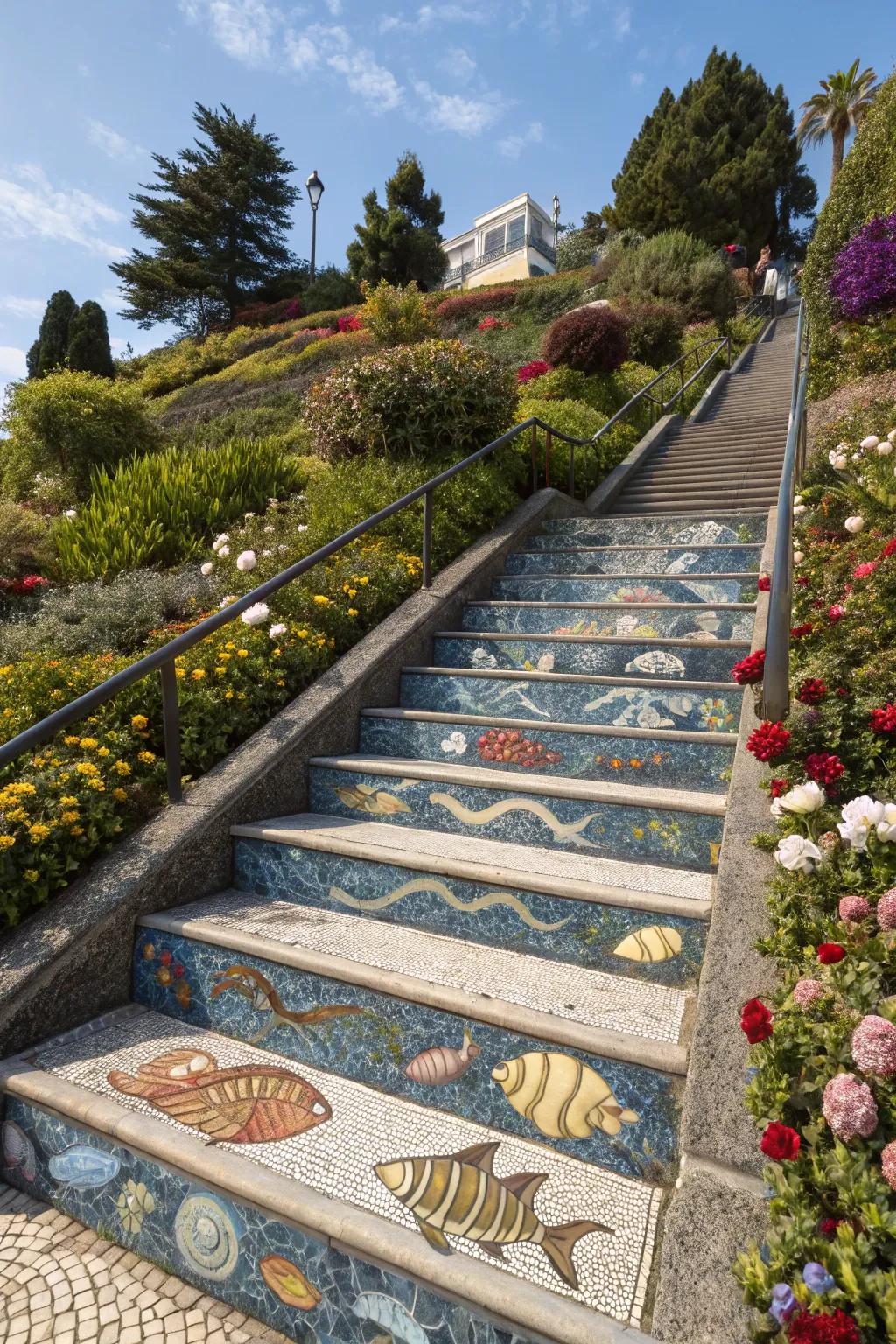 Mosaic art transforms stair risers into a captivating visual centerpiece.