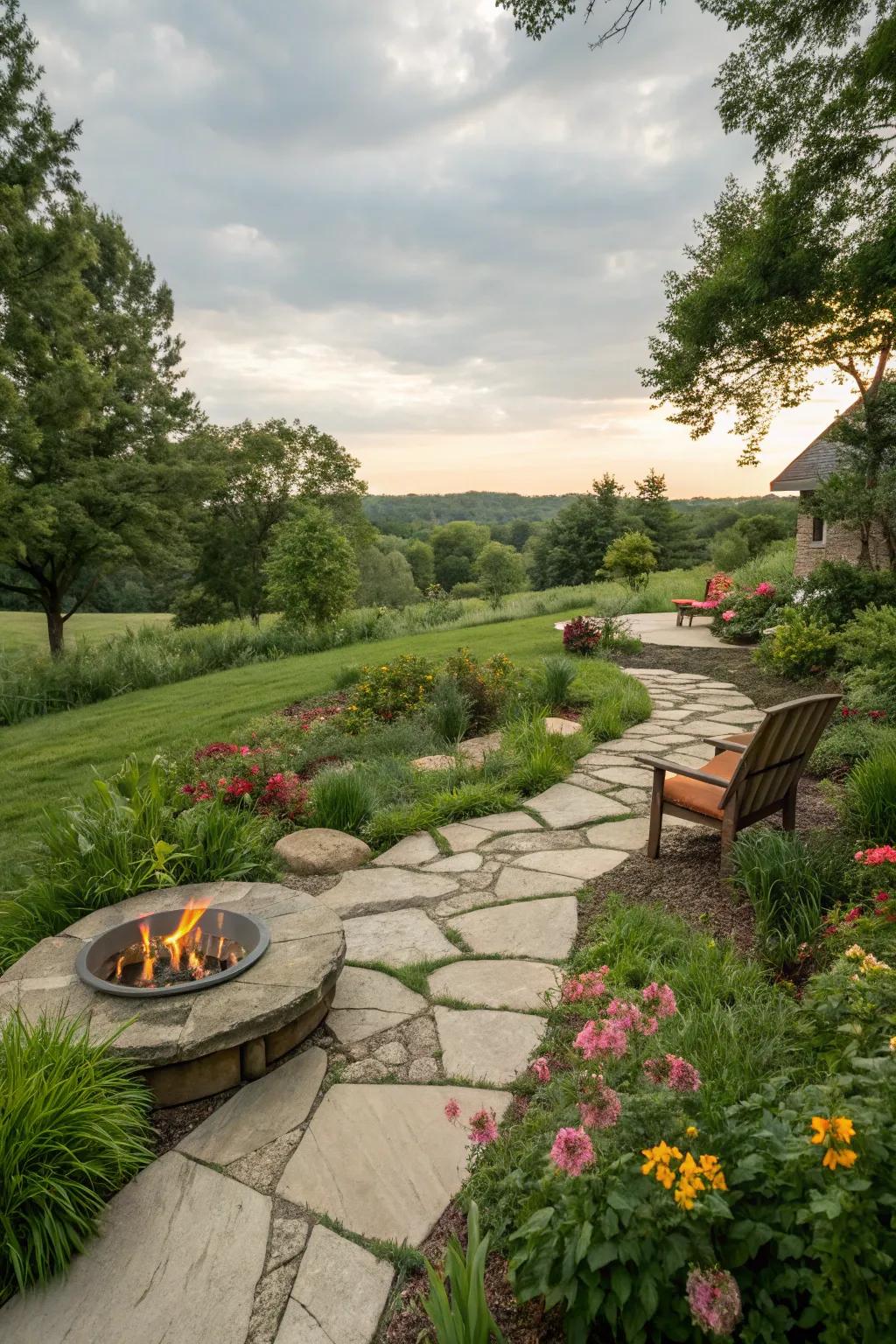 A natural stone pathway inviting guests to the fire pit.