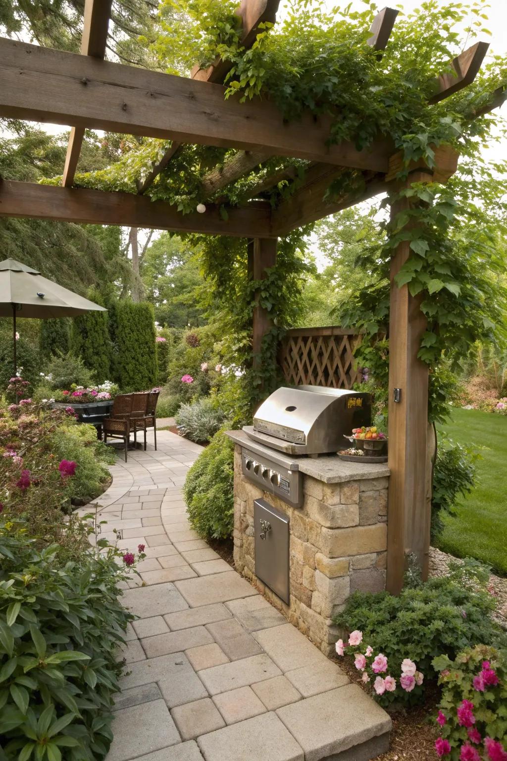 A pergola-covered stone grill for all-weather cooking.
