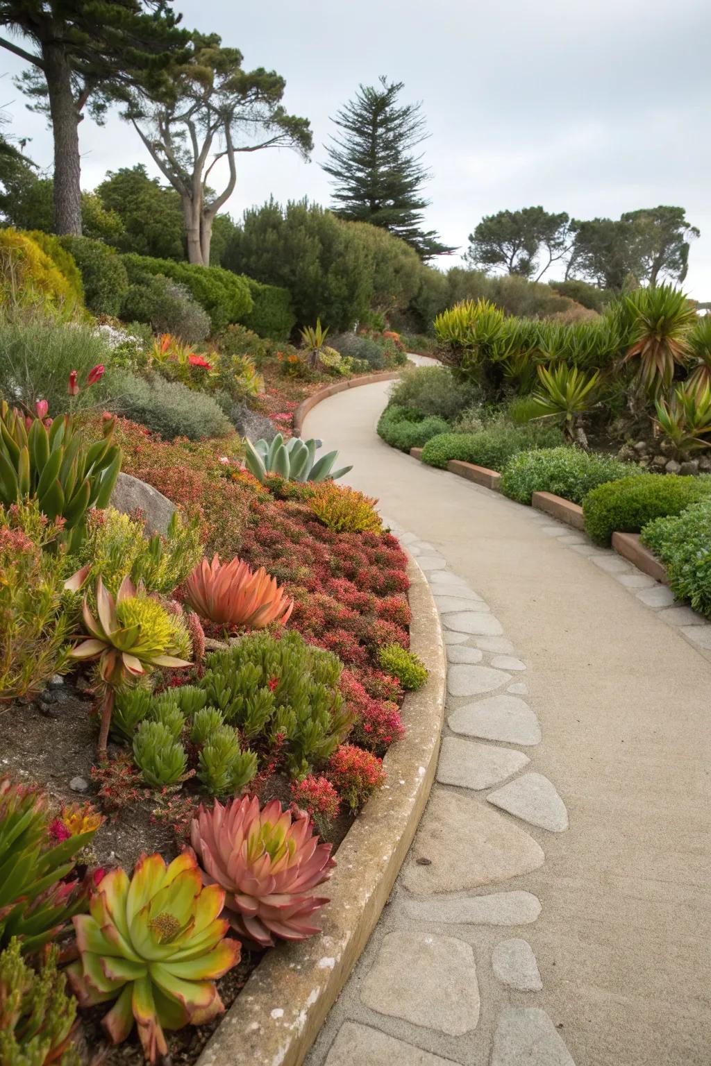 Succulents lining the path add charm and color to garden walkways.