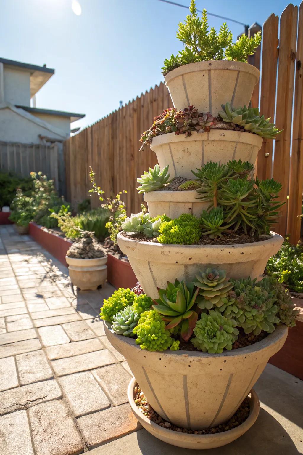 Tiered pot arrangements provide a dramatic backdrop for cascading succulents.