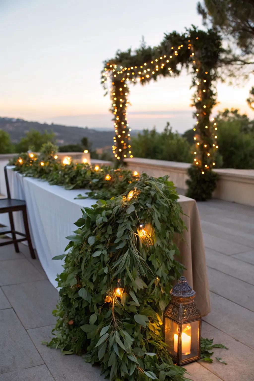 Greenery wrapped with lights provides a lush, natural look.