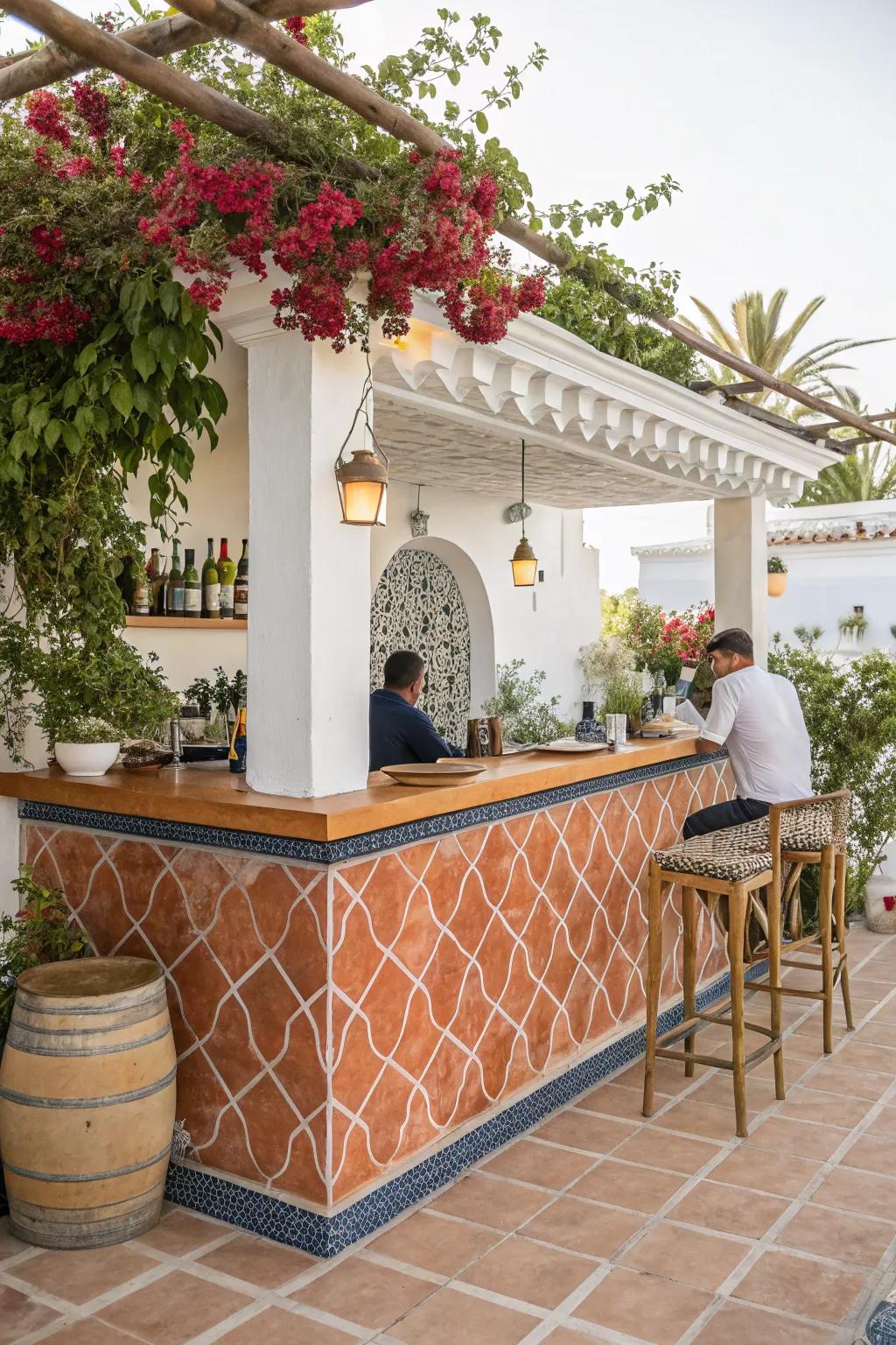 A Mediterranean-inspired terracotta tile bar top