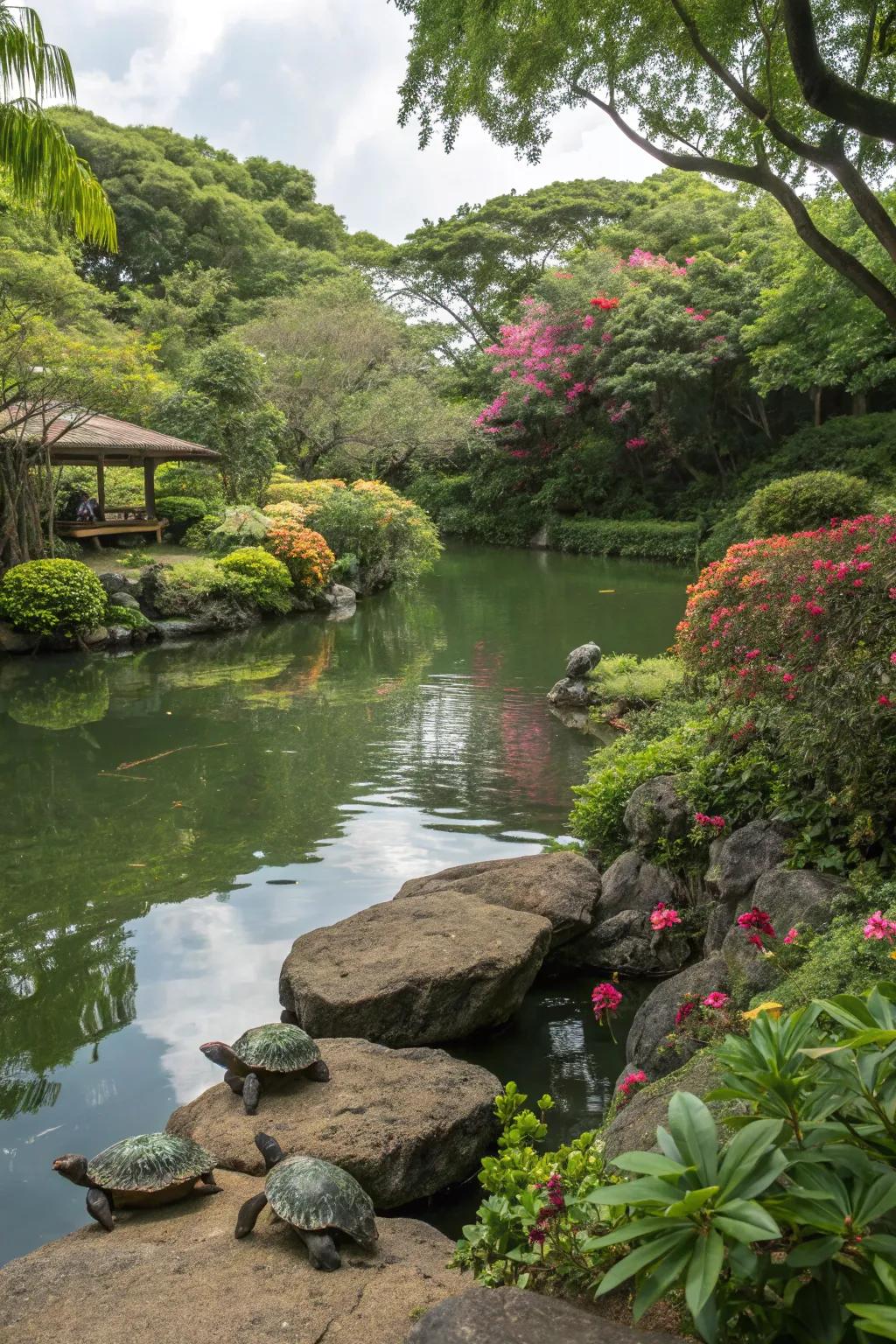 Vibrant greenery creates a natural backdrop for the turtle pond.