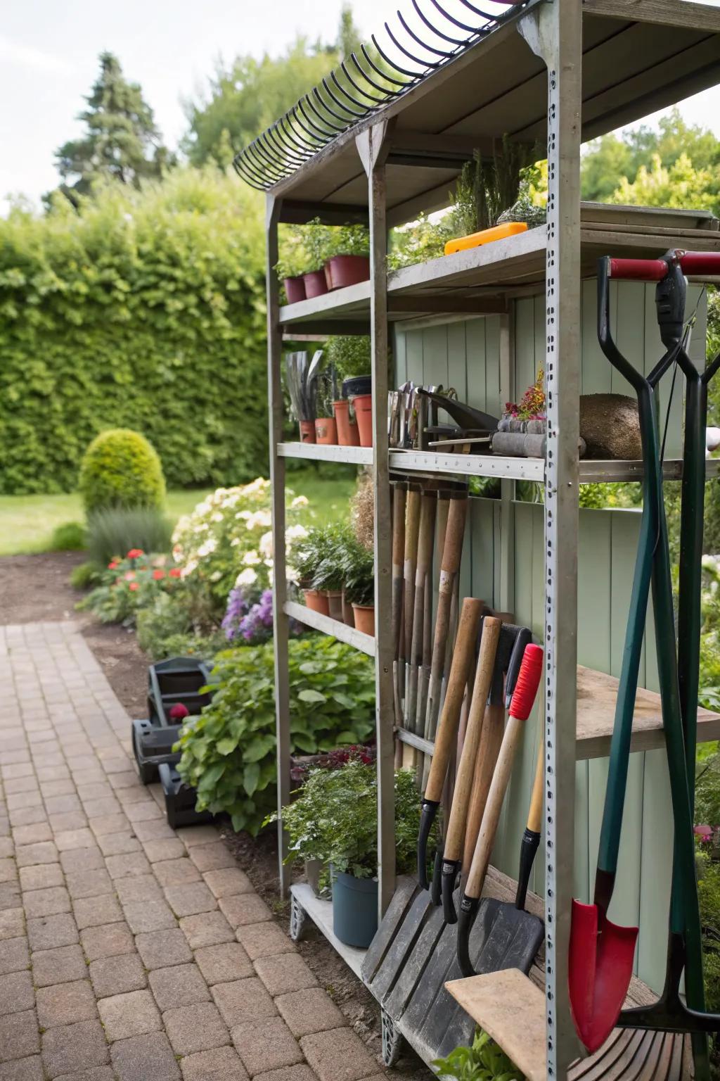 Garden tools stored stylishly on outdoor shelves.