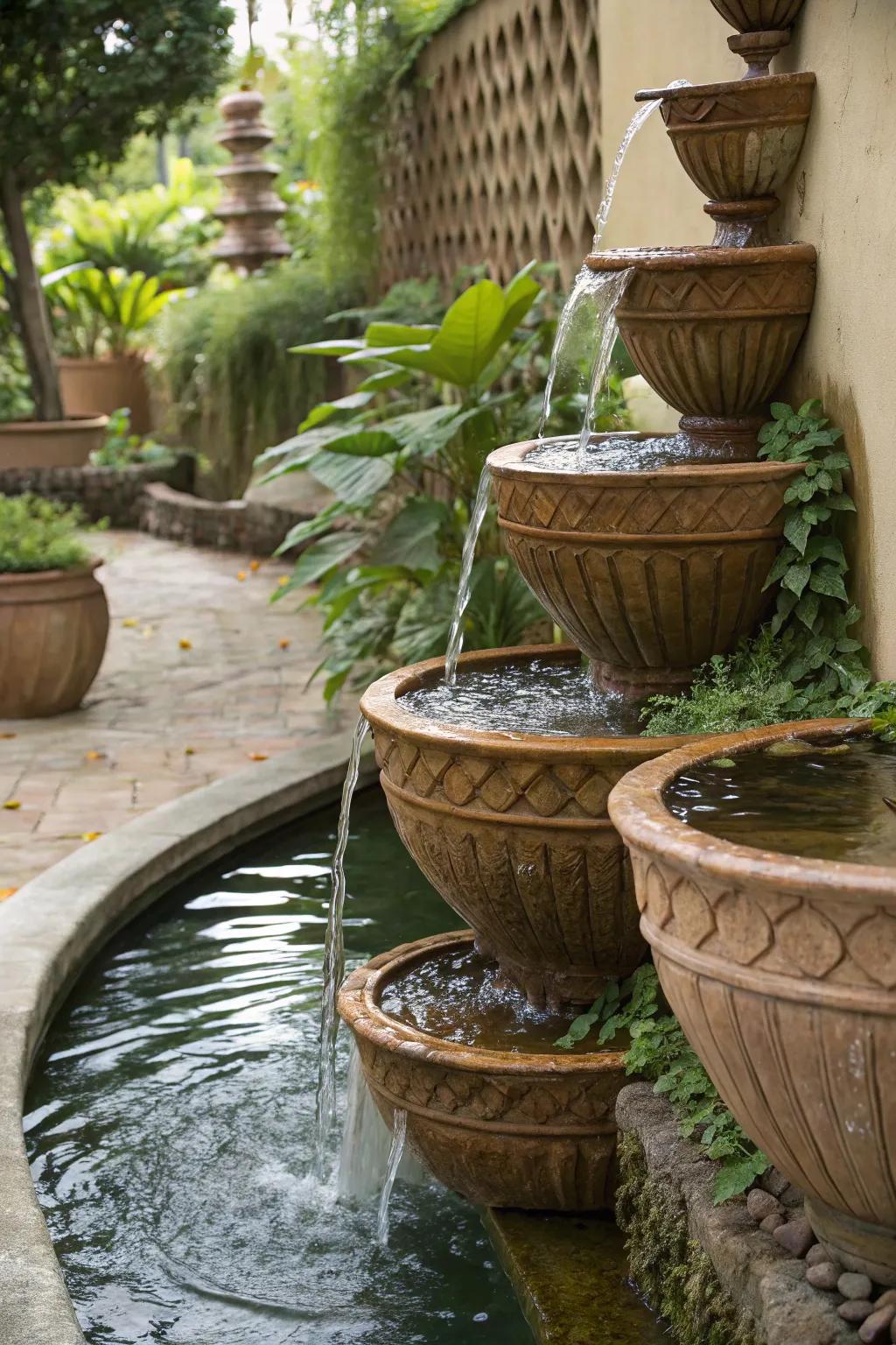 Decorative pots add a whimsical touch to your waterfall design.