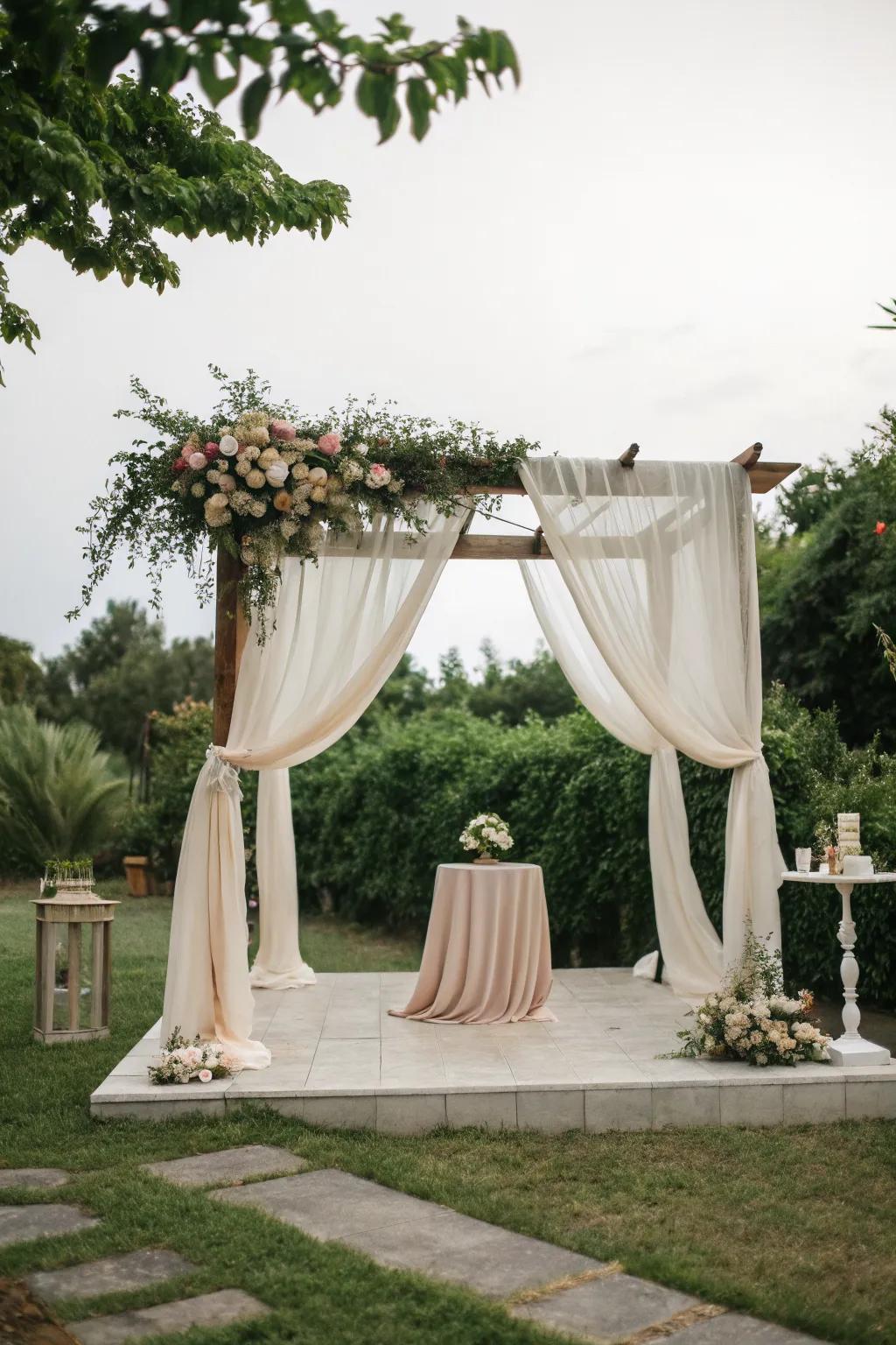 A minimalist altar with draped fabrics and floral accents.