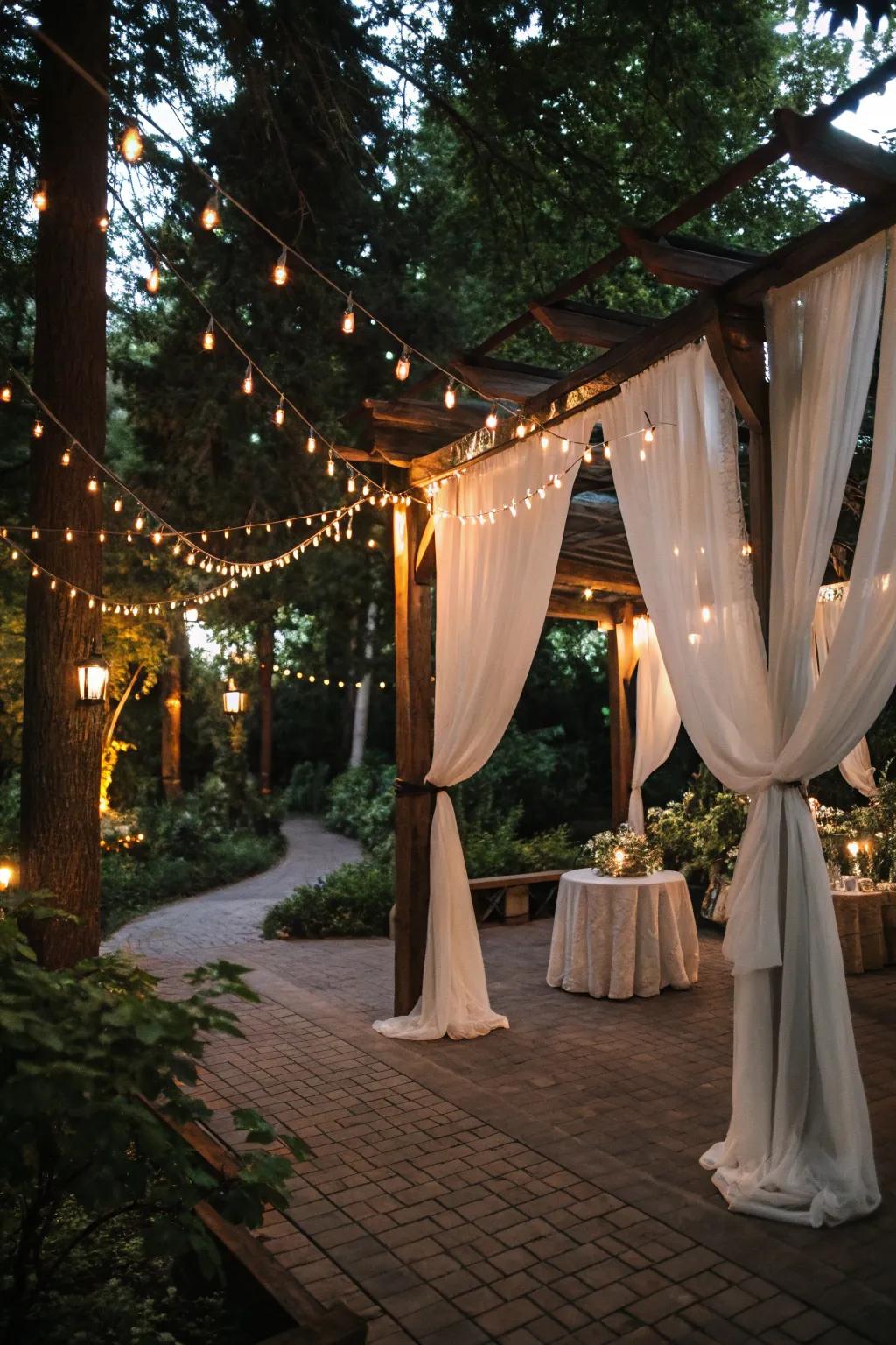 String lights and draping add a magical touch to outdoor weddings.