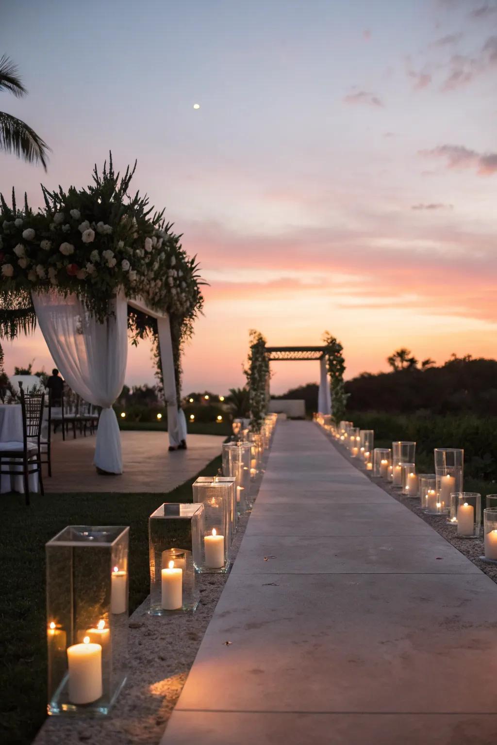 Floating candles illuminating a wedding walkway