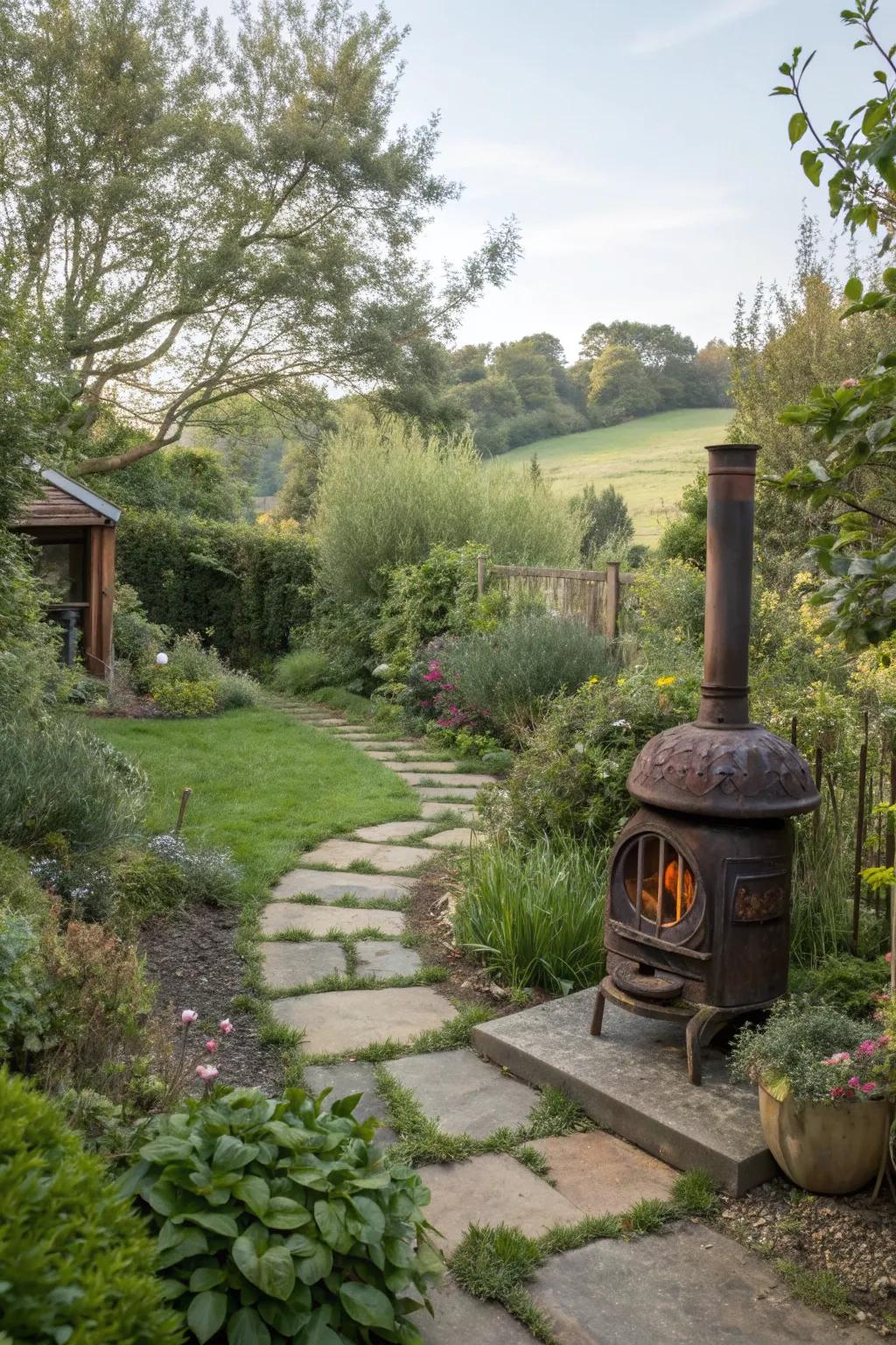 A garden wood stove adds a timeless touch to outdoor spaces.