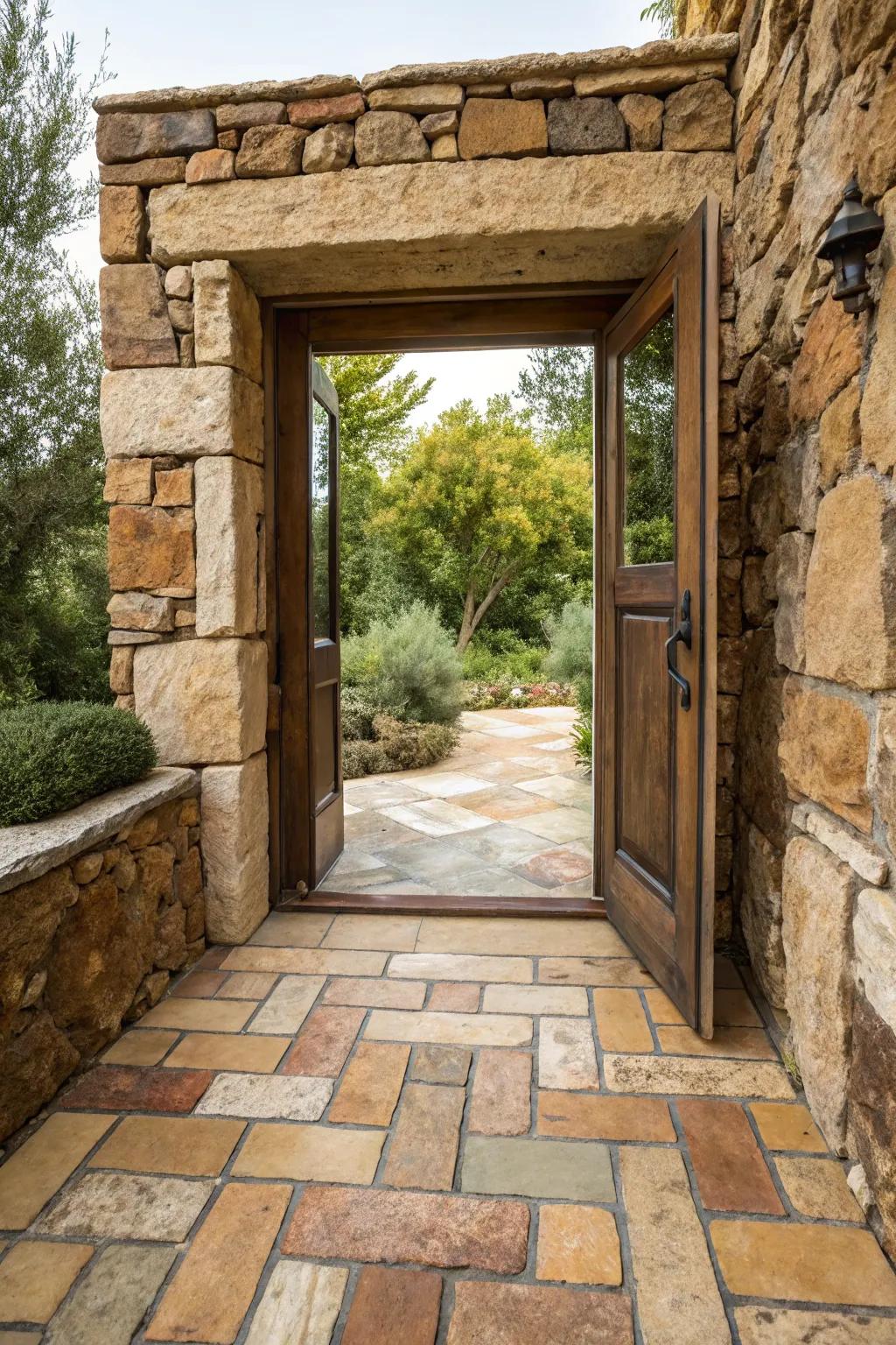 A rustic entry with earthy-toned tiles