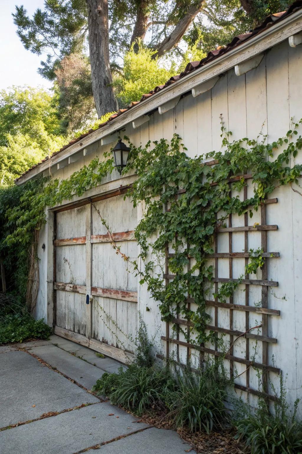 Climbing vines on a trellis add natural beauty to your garage wall.