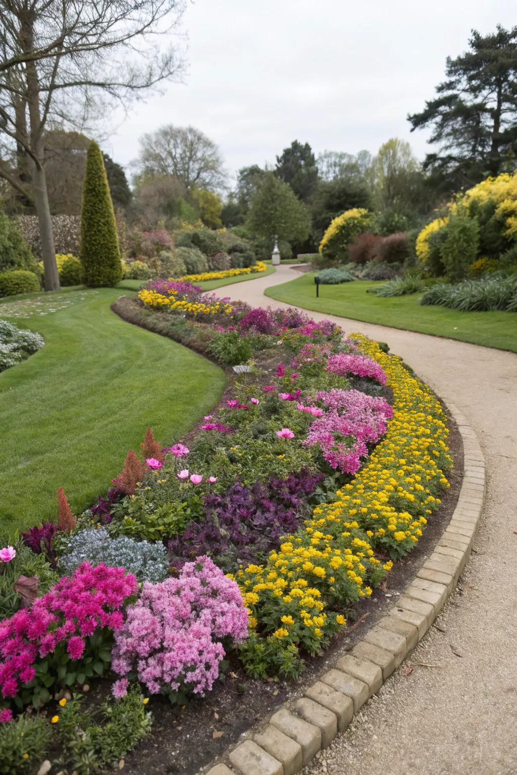 This flower bed harmoniously integrates with its environment.