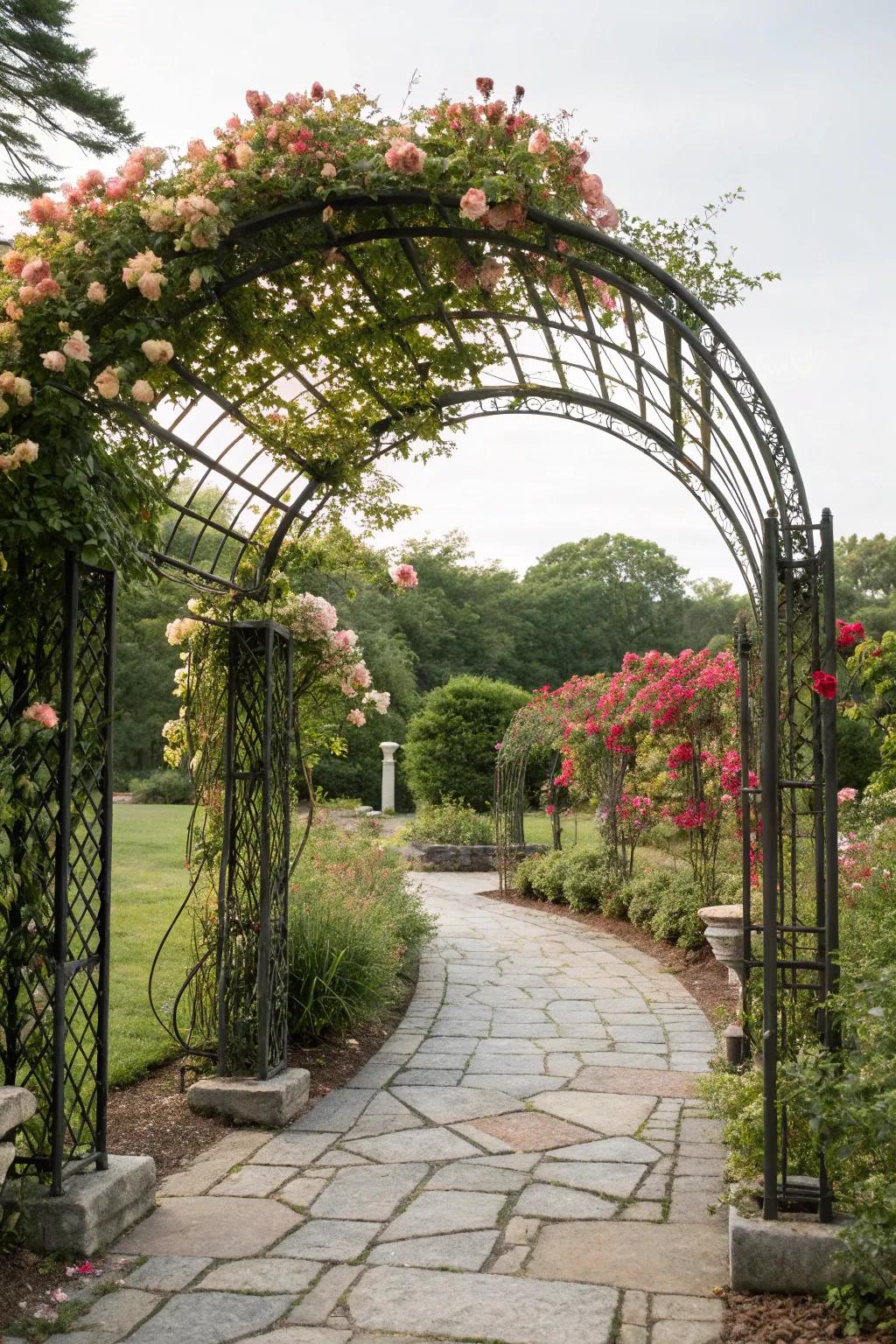A charming entrance arch adorned with vibrant blooms.