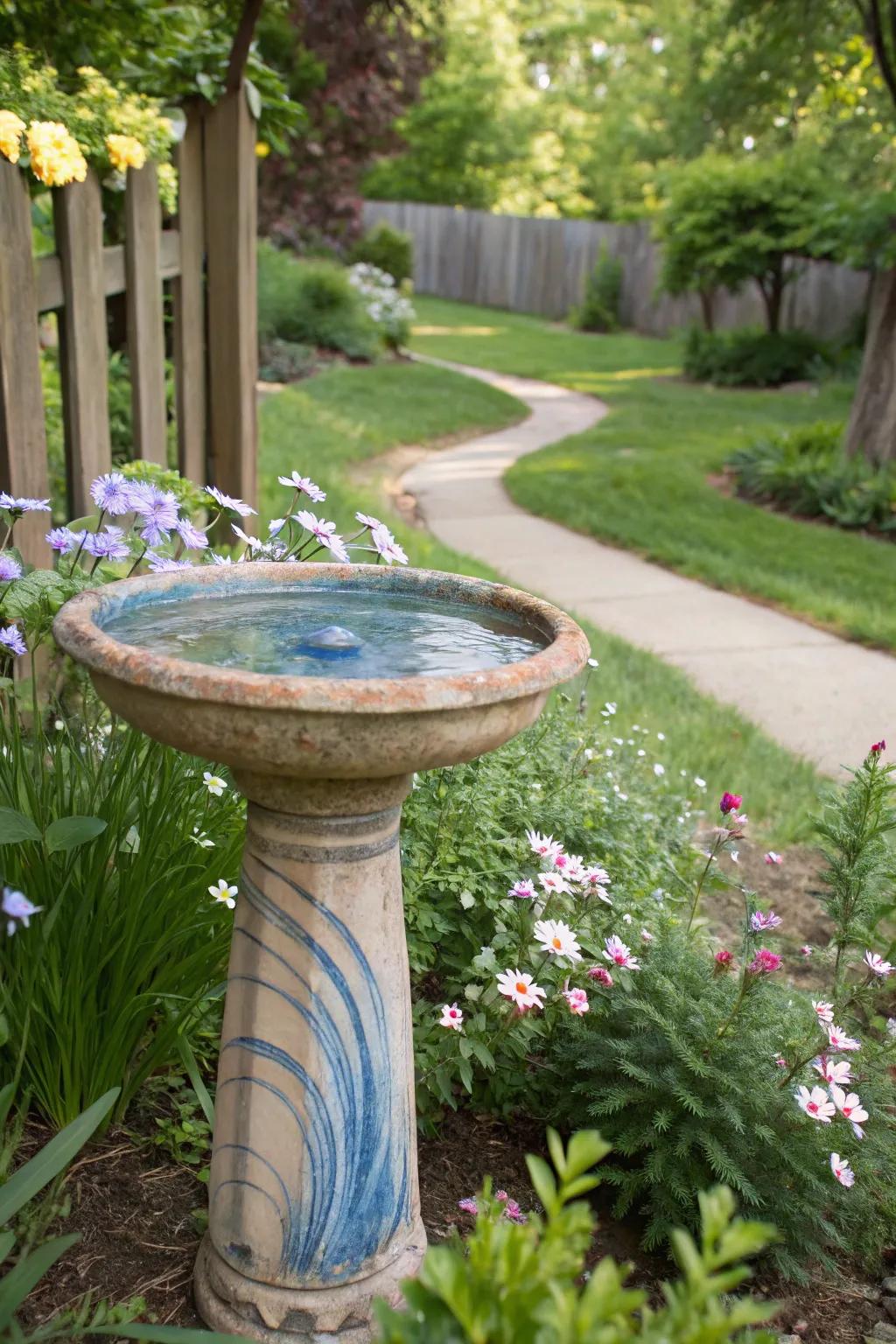 Repurposed materials add character and charm to this bird bath.