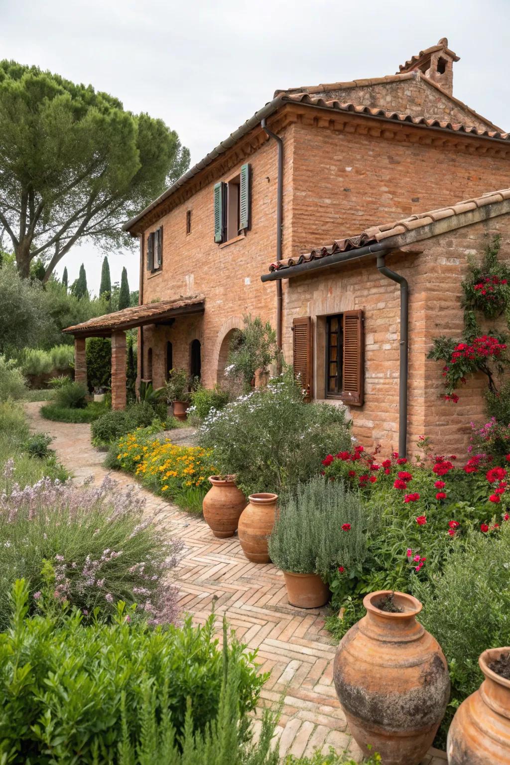 Terracotta painted brick offers an earthy, rustic charm.