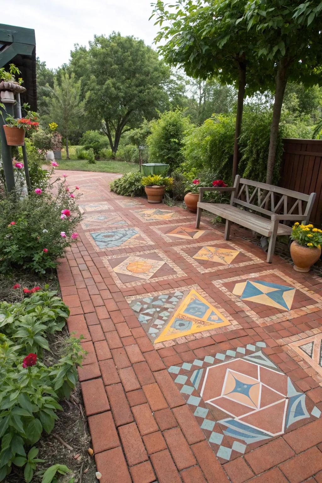 Stenciled patterns on a brick patio add a personalized artistic touch.