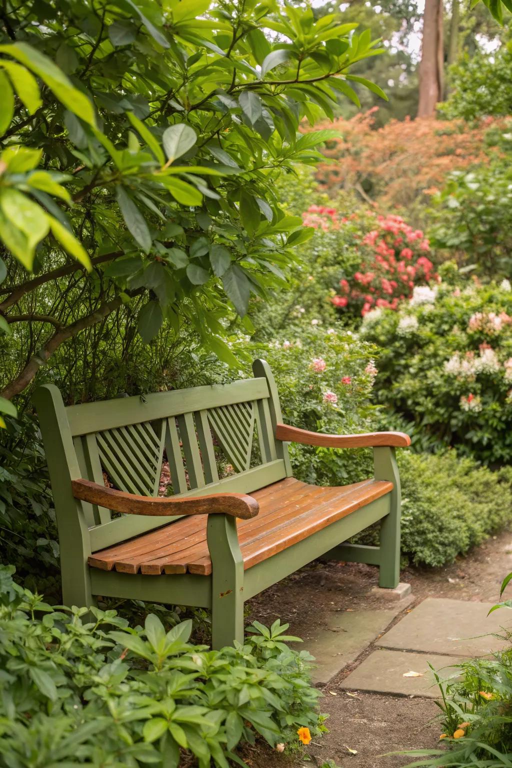 An earthy-toned bench that blends into its natural surroundings.