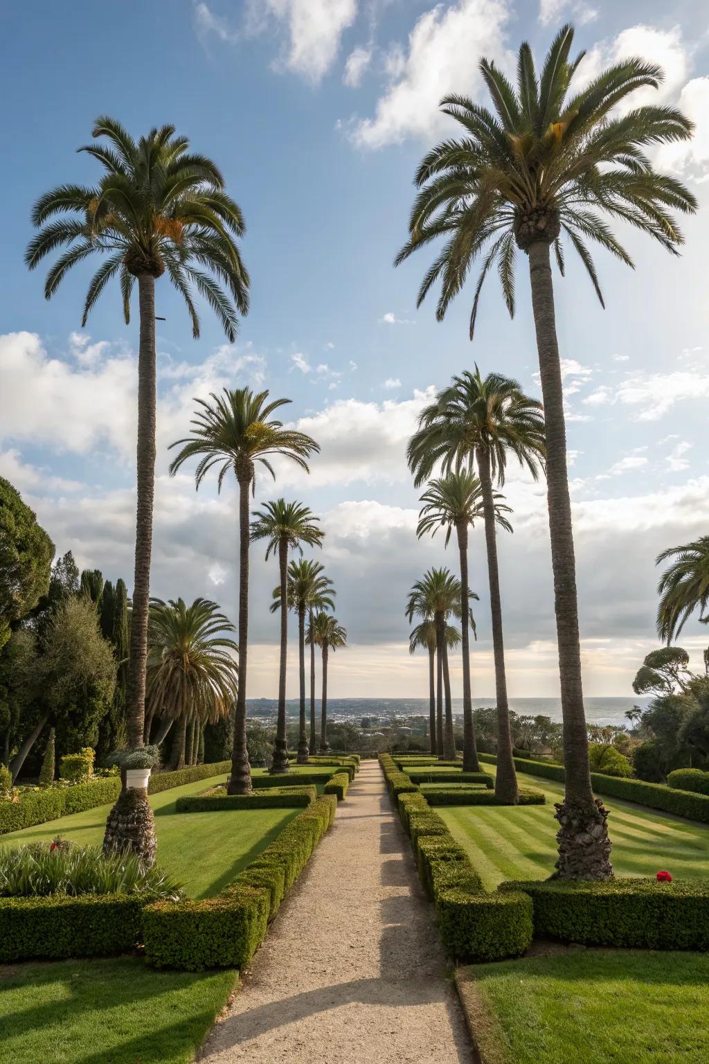 Symmetrical palm tree layout for a structured garden.