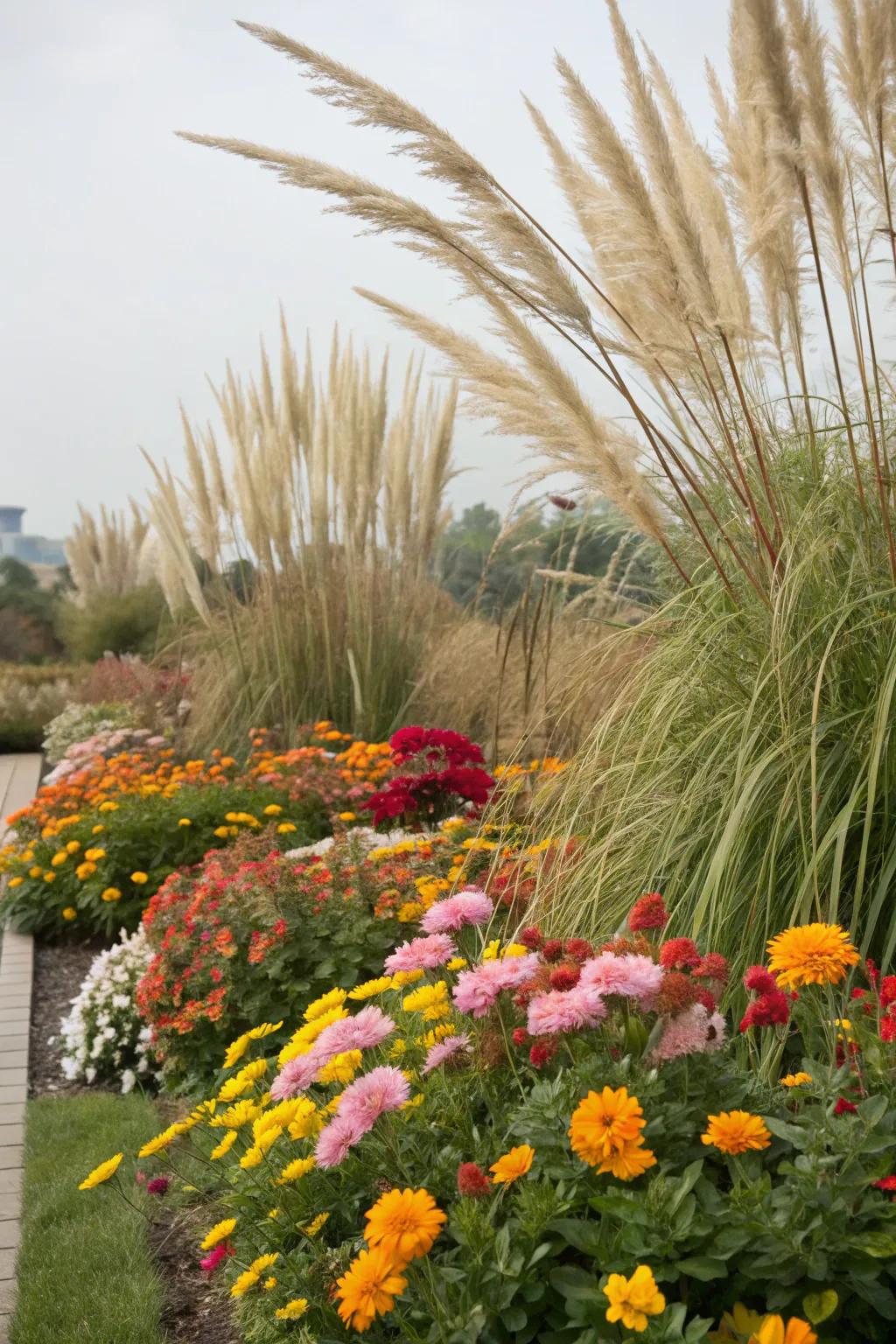 Pampas grass serves as a dramatic backdrop for flower beds.