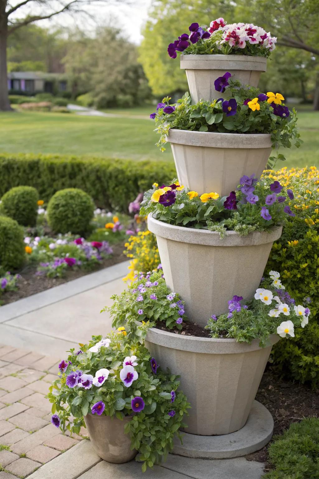 Tiered pots create a stunning pansy tower.