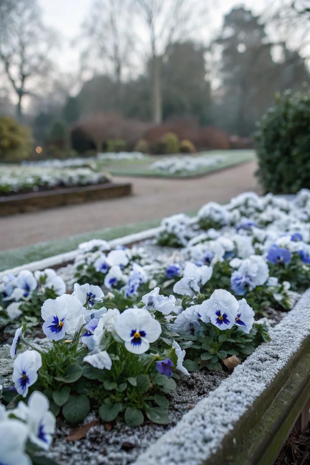 A winter-themed pansy bed with blue and white hues.