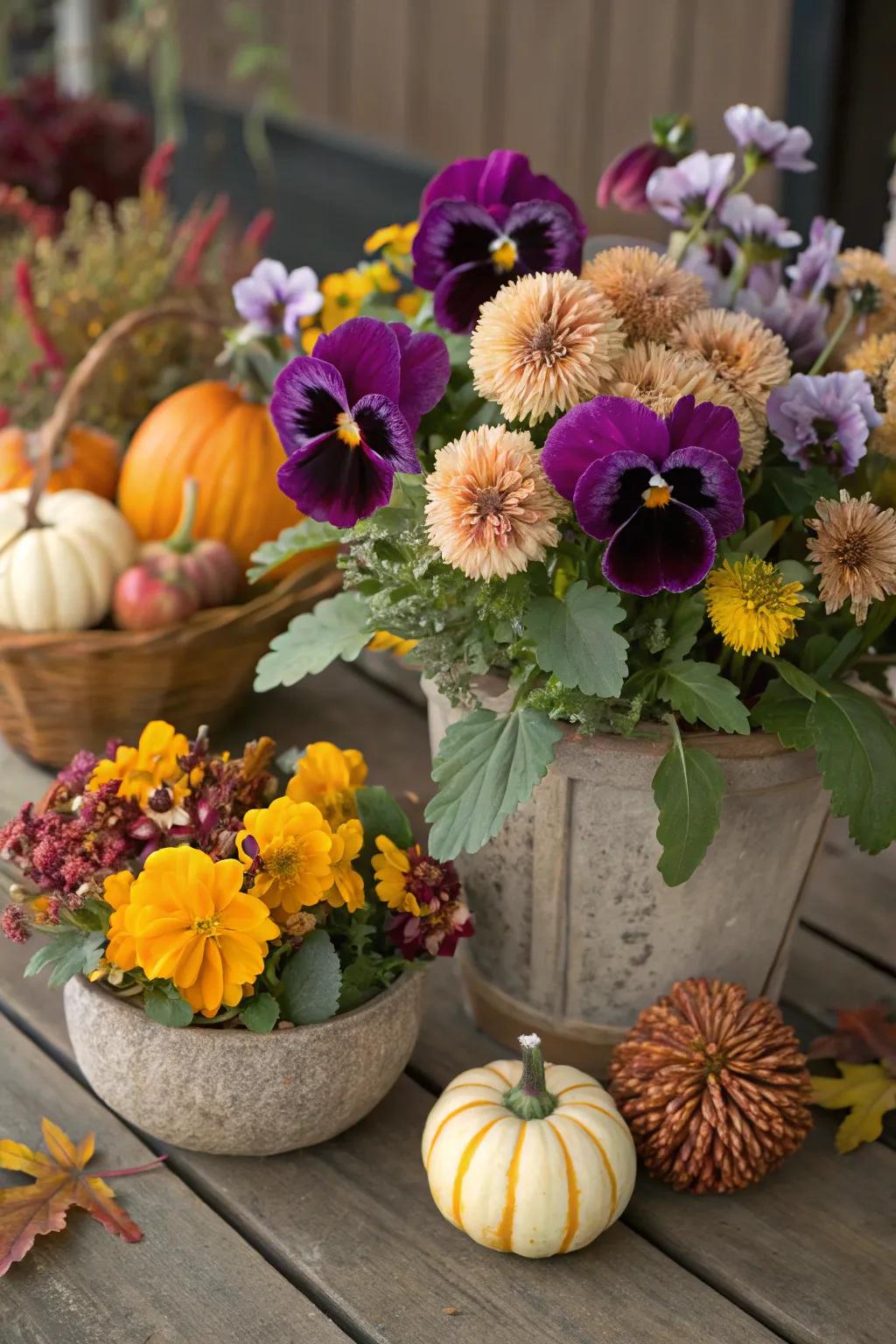 Seasonal pansy arrangements paired with complementary blooms.