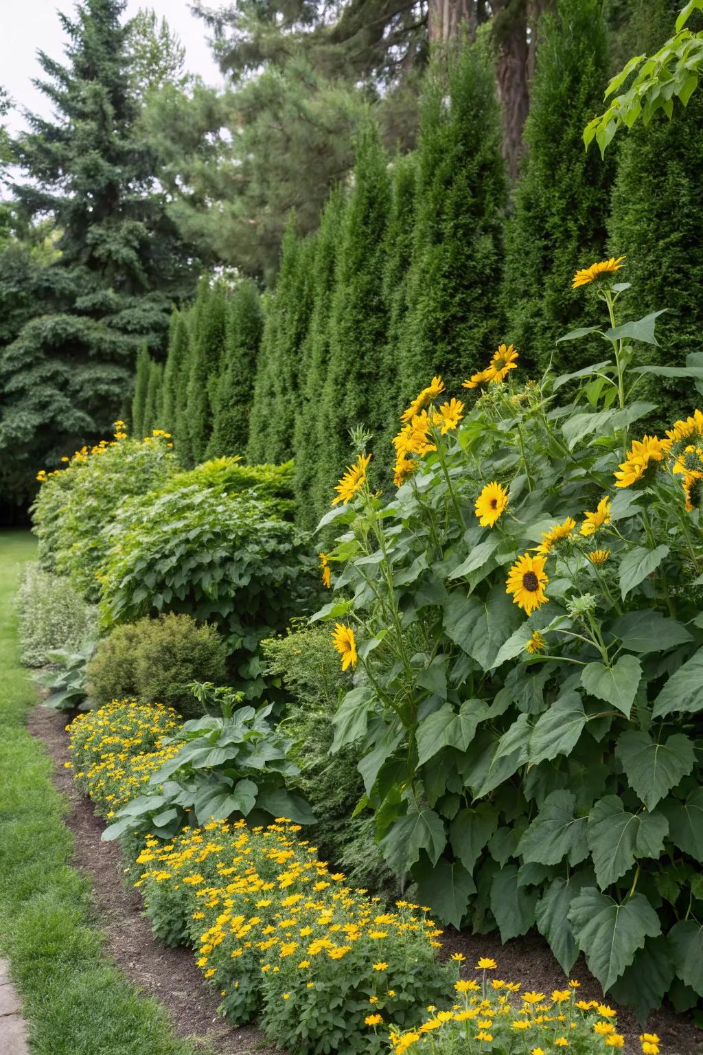 Evergreens offer a year-round backdrop for colorful blooms.