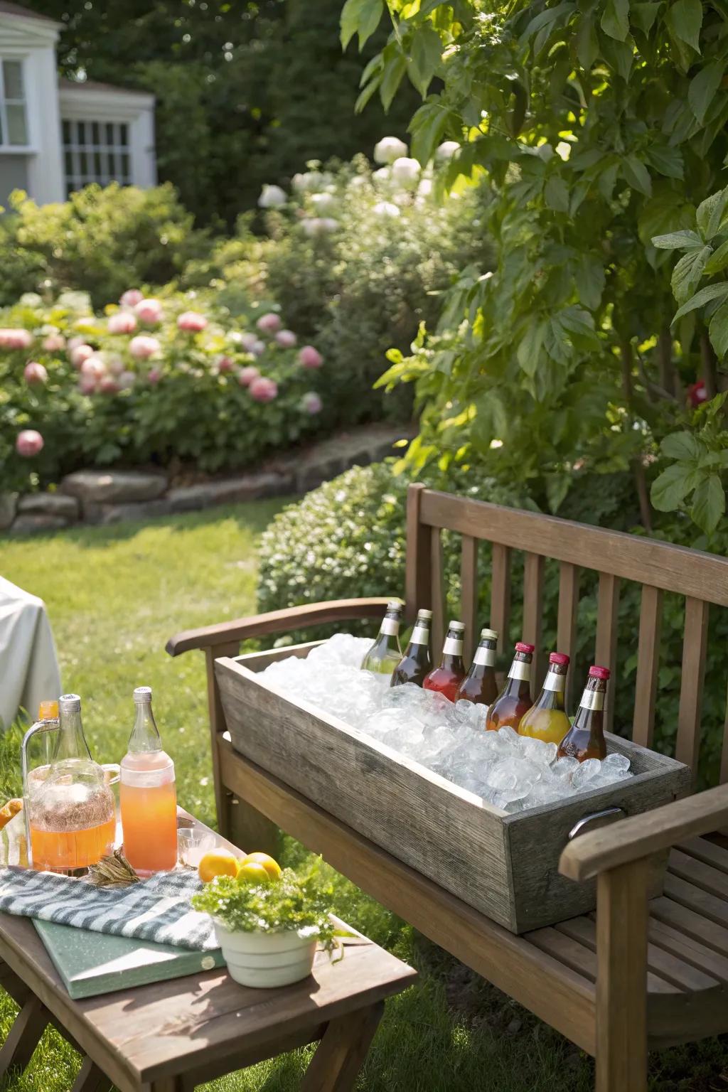 A garden bench cooler blending seating and cooling.