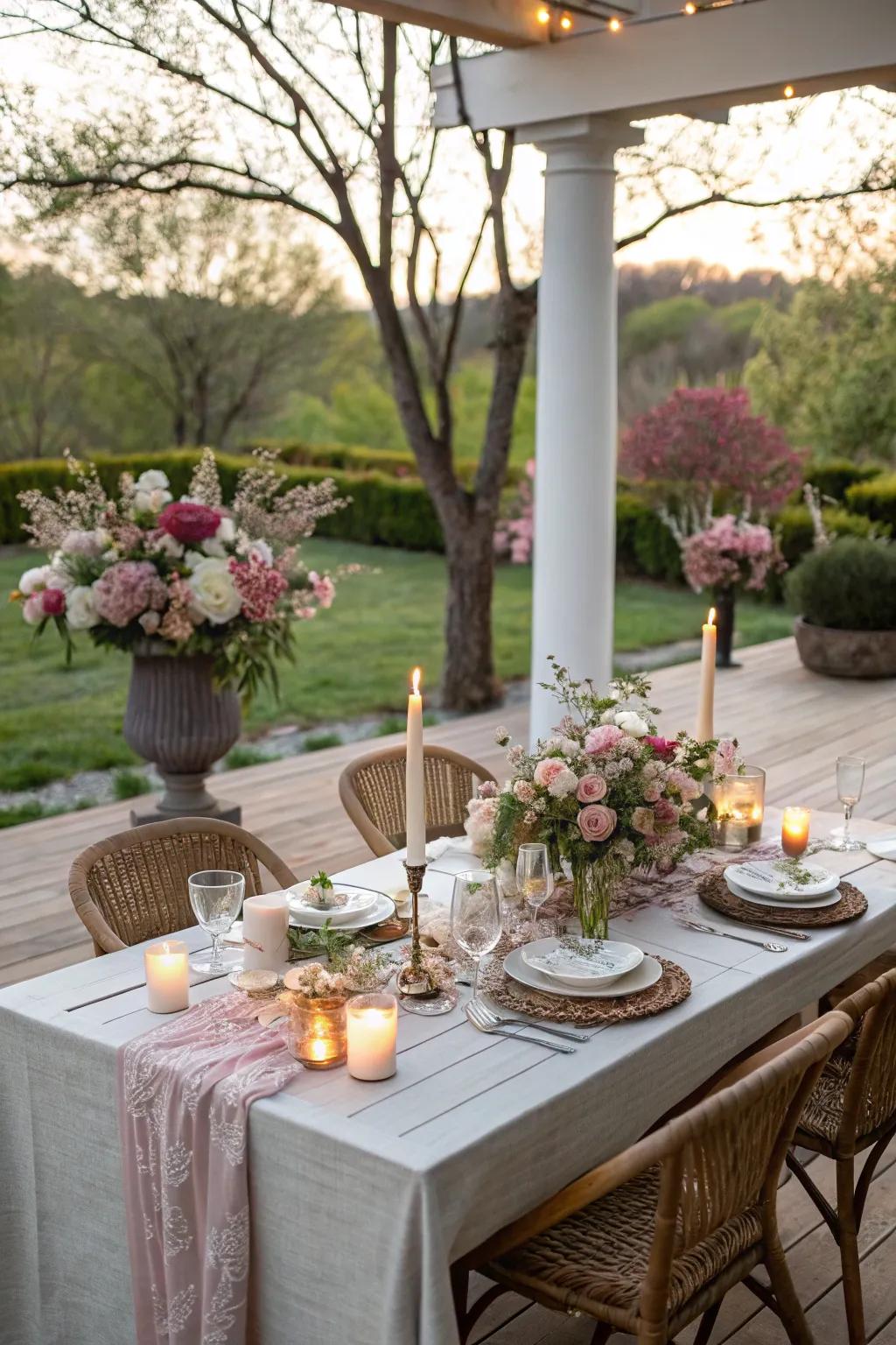 A patio dining table set for an enchanting evening under the stars.