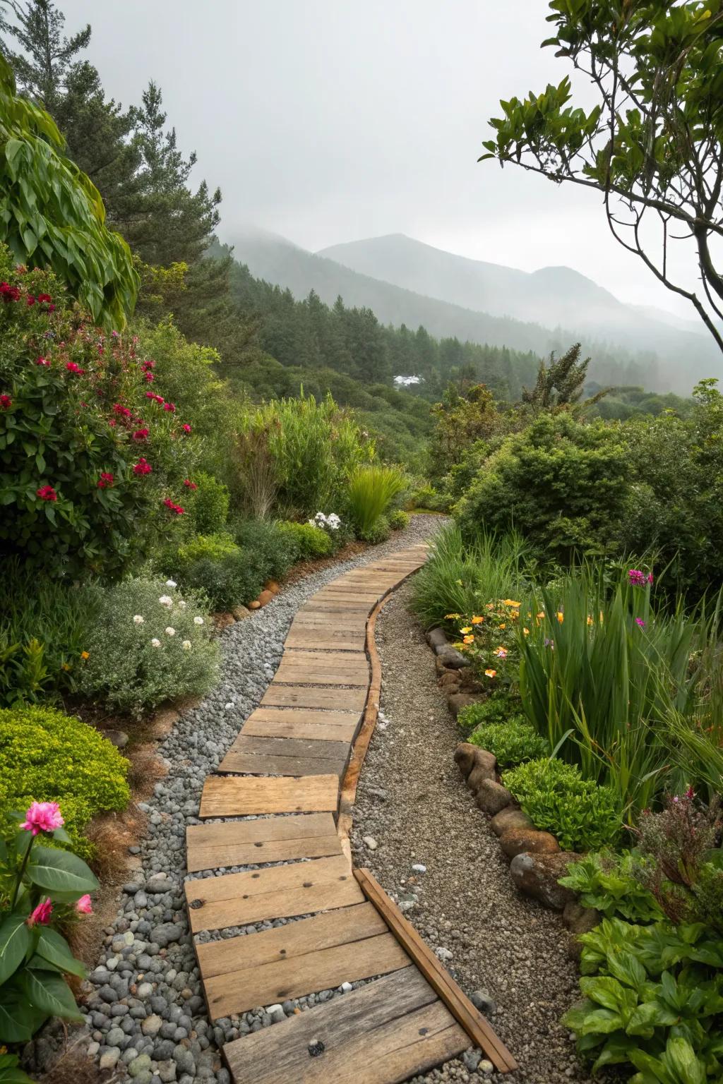 Mixed materials create a unique and textured pathway edging.