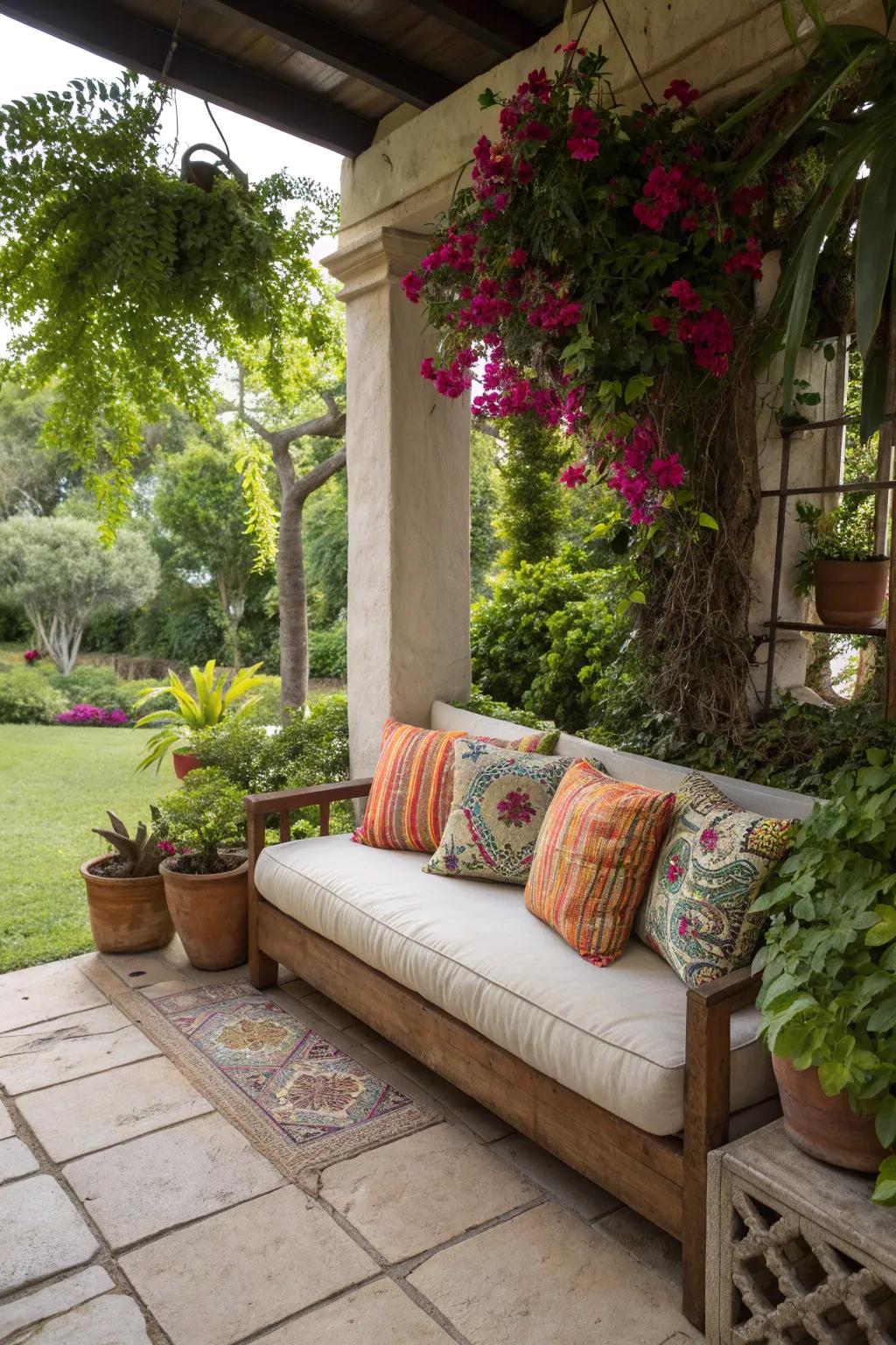 A cushioned bench that invites relaxation and comfort.
