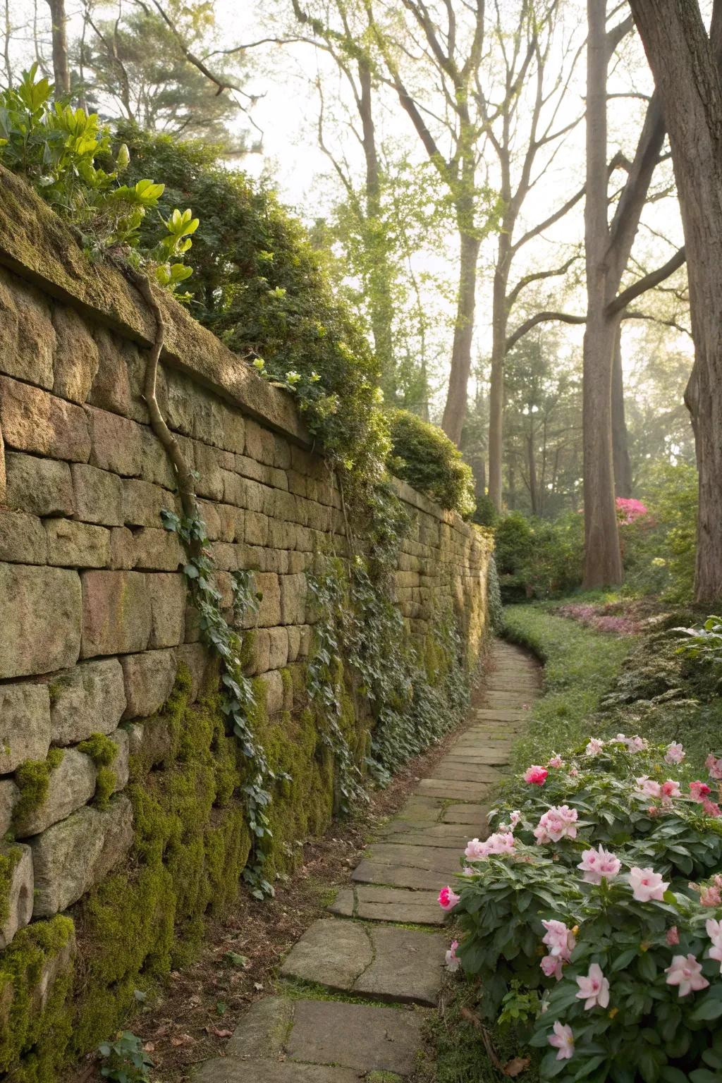 Rustic block wall blending harmoniously with the garden environment.