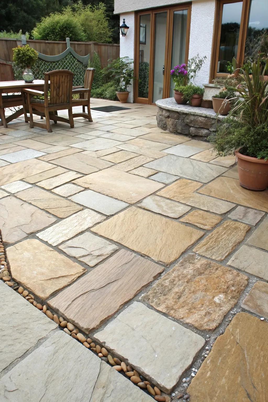 A patio floor featuring intricately laid natural stone pavers.