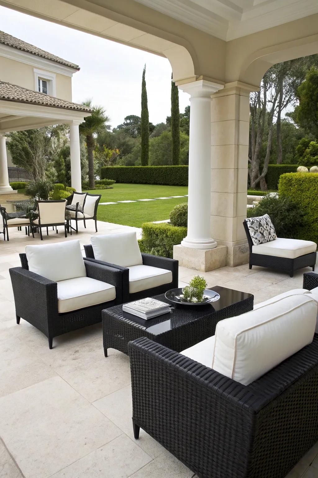 An elegant patio featuring black and white furniture, offering a timeless and sophisticated look.