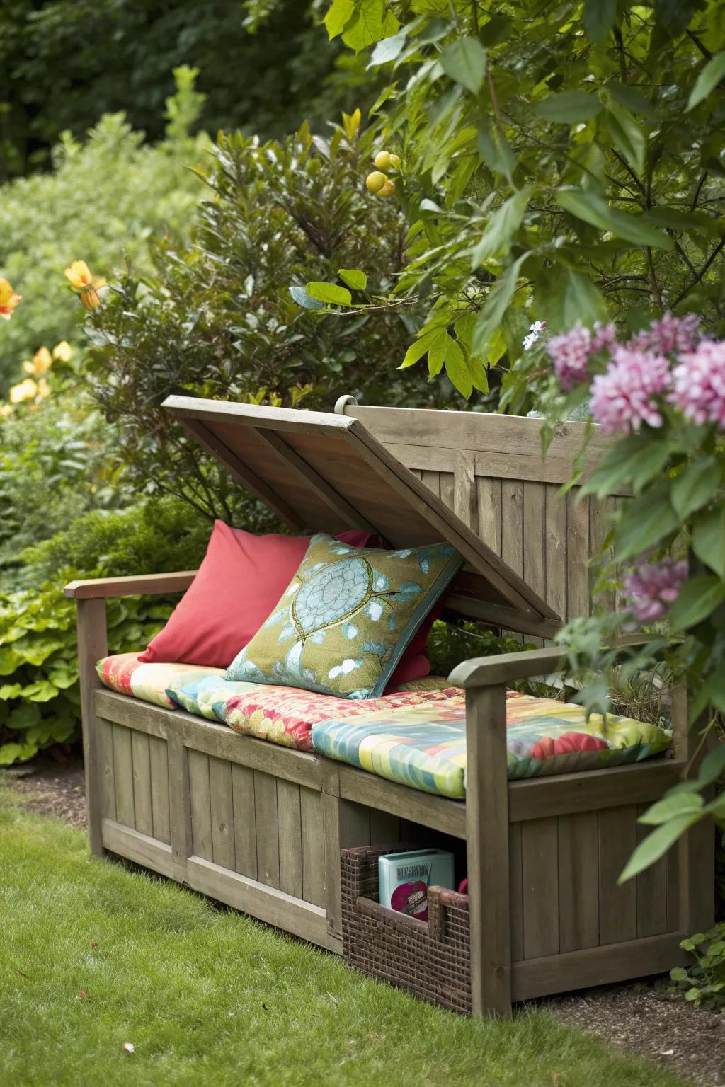 Maximize space with under-bench storage for your patio cushions.