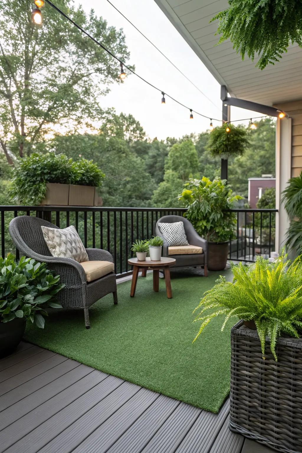 Artificial grass offers a low-maintenance green look for your patio deck.