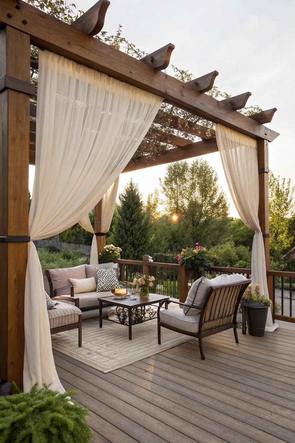 Pergolas with drapes create an elegant and private outdoor space.
