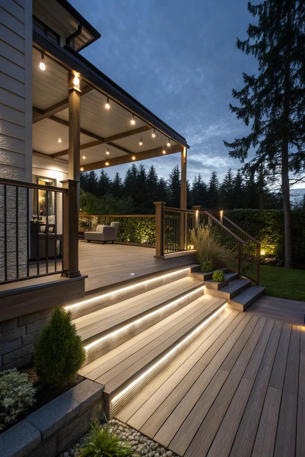 Under-rail lighting offers a sleek, modern touch to your deck.